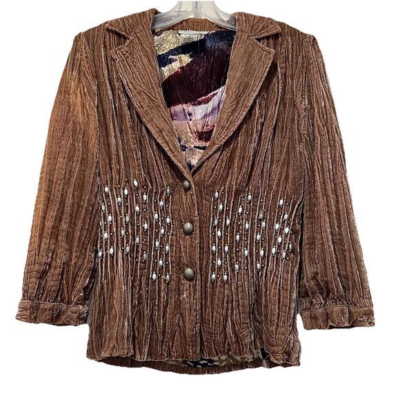 ALBERTO MAKALI Brown Crushed‎ Velvet Beaded Size M Top VTG Funky 70's Whimsigoth - Picture 1 of 5